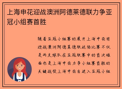 上海申花迎战澳洲阿德莱德联力争亚冠小组赛首胜