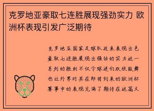 克罗地亚豪取七连胜展现强劲实力 欧洲杯表现引发广泛期待