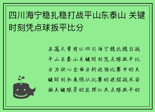 四川海宁稳扎稳打战平山东泰山 关键时刻凭点球扳平比分